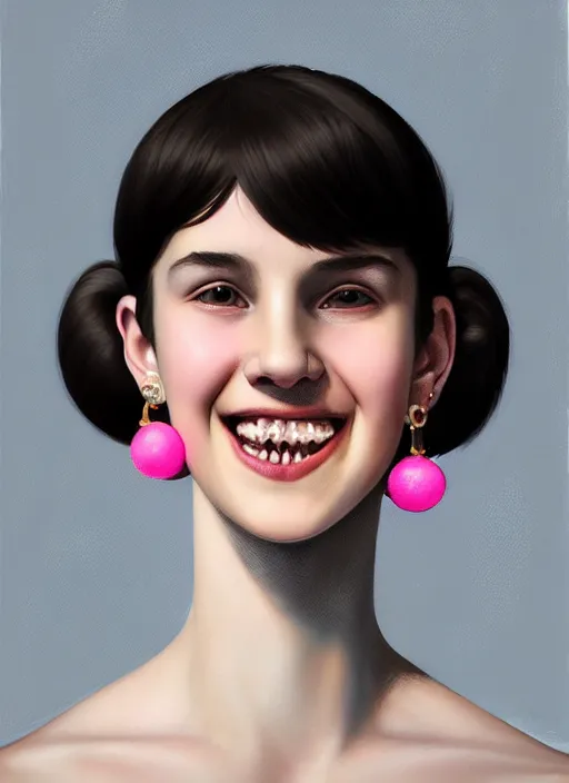 Image similar to portrait of white teenage girl, narrow face, short black hair, bangs, half updo hairstyle, buck toothed big smile, unattractive, defined jawline, long chin, wearing hair bow, earrings, intricate, elegant, glowing lights, highly detailed, digital painting, artstation, sharp focus, illustration, art by wlop, mars ravelo and greg rutkowski