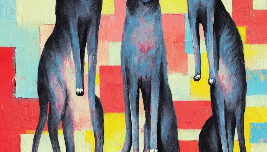 Image similar to contemporary semi abstract acrylic painting of really tall cats by cath kidston, by greg rutkowski, kessler art, thick brush strokes and visible paint layers, multicolor color scheme