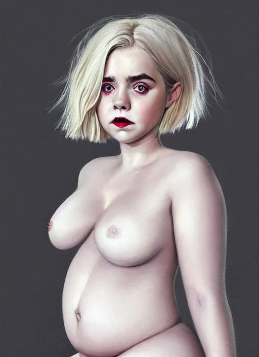 Image similar to full body portrait, kiernan shipka as sabrina spellman, white hair, obese, bangs, sultry, realistic, sultry smirk, fluffy bangs, freckles, fat, belly, intricate, elegant, highly detailed, digital painting, artstation, concept art, smooth, sharp focus, illustration, art by wlop, mars ravelo and greg rutkowski