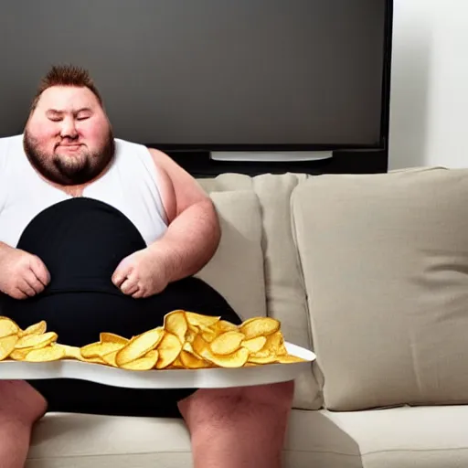 Prompt: an fat guy wearing a tank top sitting on a couch and eats chips while watching tv during the night