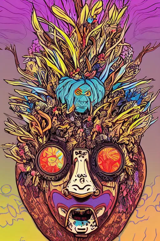 Image similar to animal mask totem roots flower tribal feather gemstone plant wood rock shaman vodoo video game vector cutout illustration vivid multicolor borderlands comics by josan gonzales and dan mumford radiating a glowing aura