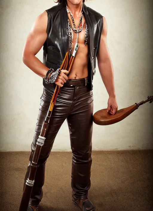 Prompt: a male ranger with a bongo drum and holding nunchaku, wearing a leather vest and white linen pants, chiseled good looks, long swept back blond hair, puka shell necklace, dnd, digital art