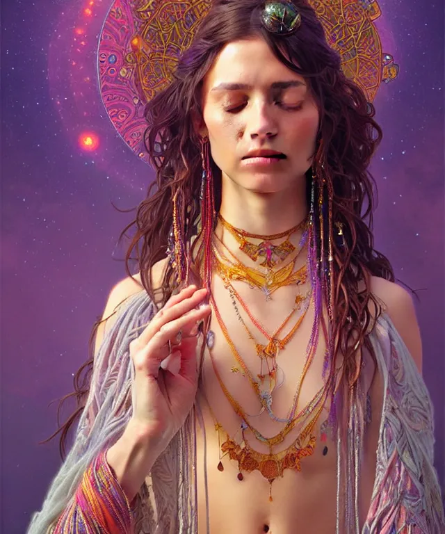 Image similar to a meditating new age hippie with beads and crystals, portrait, intricate, elegant, highly detailed, digital painting, artstation, concept art, smooth, sharp focus, illustration, art by artgerm and greg rutkowski and alphonse mucha