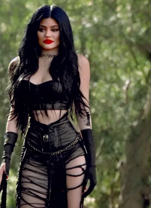 Prompt: film still of kylie jenner as a gothic vampire in the movie the lost boys