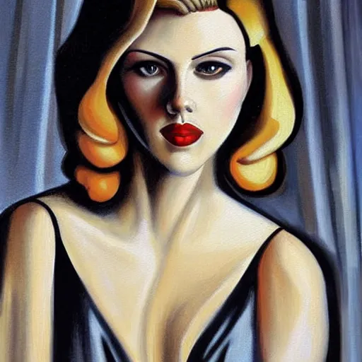 Image similar to painting of Scarlett Johansson in the style of Tamara de Lempicka