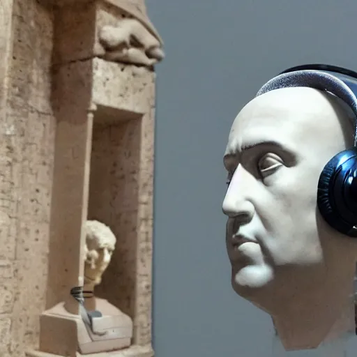Image similar to a roman bust of Nicolas Cage wearing headphones listening to music, in the stule of vaporwave