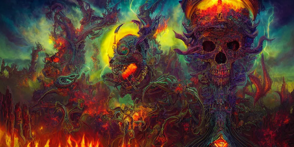 Prompt: gigantic psychedelic demonic cosmic skull of death and fire, outer space, fantasy painting, ultra realistic, dmt, symmetrical, wide angle, intricate details, digital painting, rainbowshift, vivid colors, highly detailed by peter mohrbacher, h. r. giger, maxfield parrish, craig mullins, octane render, cgi