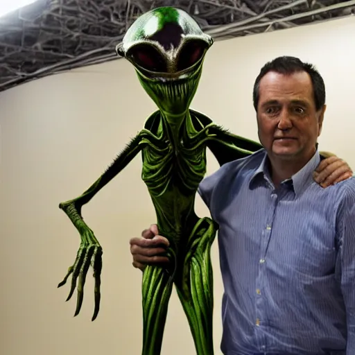 Prompt: photo, A man stand next to an alien.