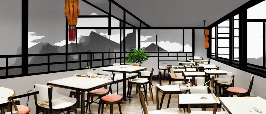 Image similar to a beautiful simple interior view illustration of small roasted string hotpot restaurant restaurant yan'an pagoda hill, animation illustrative style, from china, restaurant theme wallpaper is tower and mountains, rectangle white porcelain table, black chair, simple style structure decoration design, victo ngai, james jean, 4 k hd