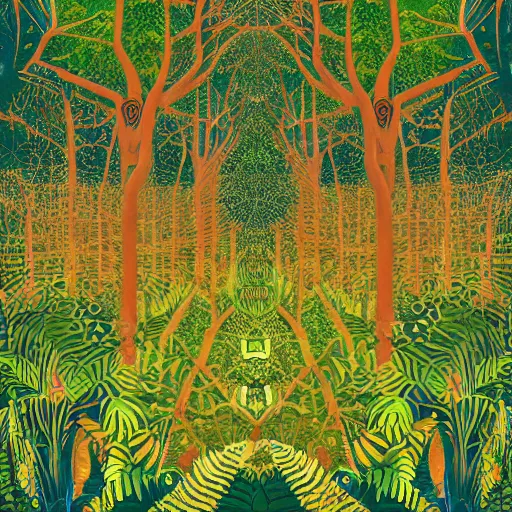 Prompt: symmetric poster of a jungle of artificial neural networks and neurons, neurons, highly detailed, in the style of Henri Rousseau