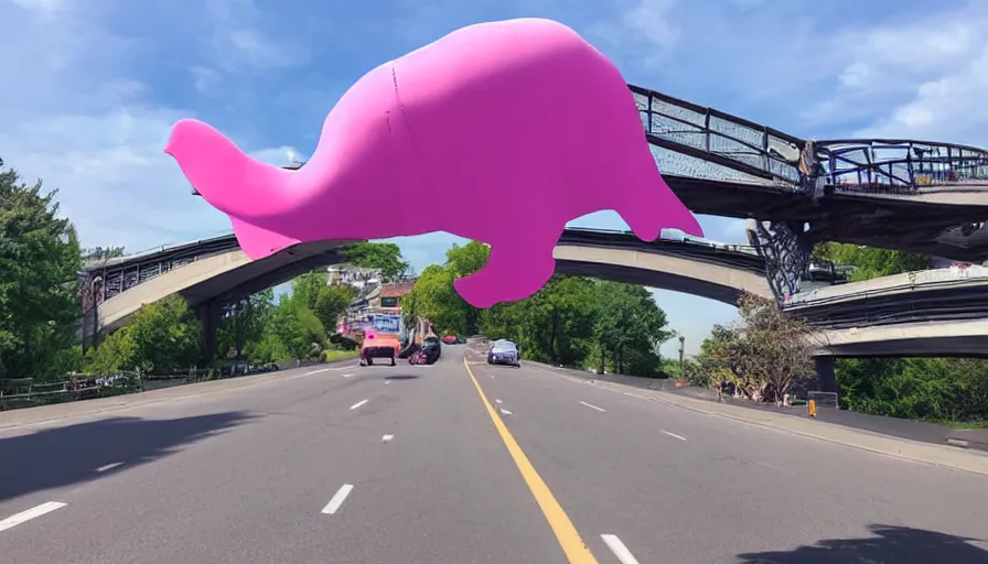 Prompt: a giant pink whale falling out of a blue sky onto cars on a busy bridge