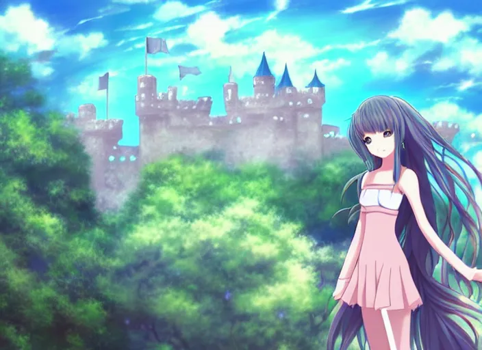 Image similar to stunning anime girl, animated, pastel colors, muted colors, fantasy art, castle in the background