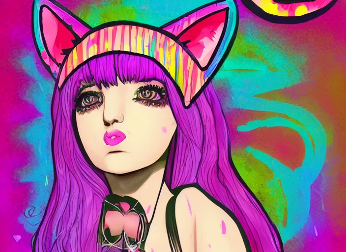 Prompt: girl with cat ears, hippie, psychedelic, lsd, digital drawing, trending on artstation