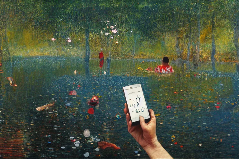 Prompt: hand holding a smartphone emerging from the waters of a lake, enchanted glade, electronics scraps on the ground by yoshitomo nara and klimt, oil painting, artstation 4 k