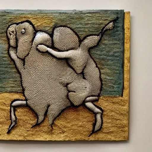 Image similar to textured artwork with small creatures suffering in pain