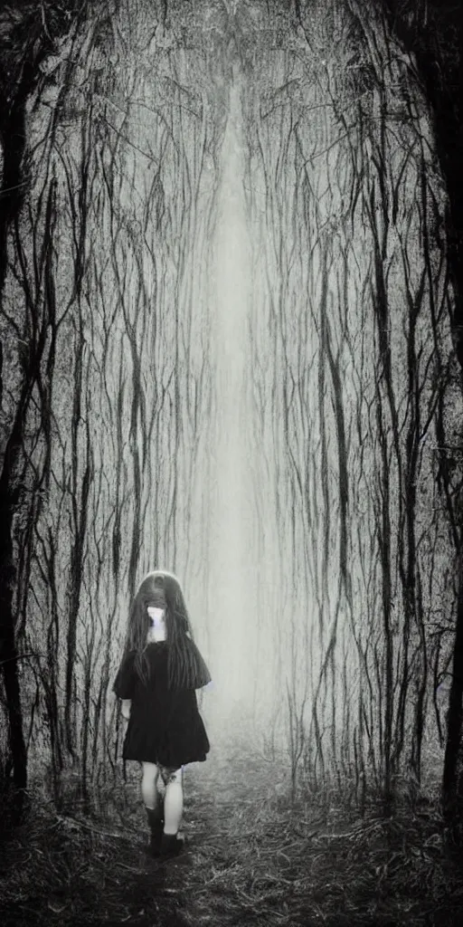 Image similar to found photo of a young witch girl with long hair walking away from the camera in a forest, magical dark and spooky, flash photography