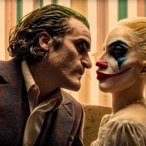 Prompt: ultra realistic candid from joaquin phoenix with lady gaga in new joker movie footage's, intricate details. sharp details