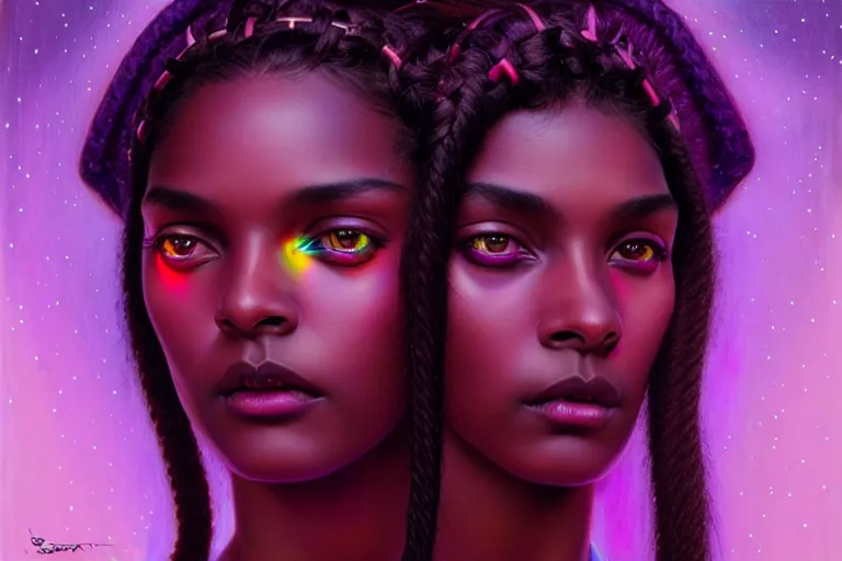 Prompt: patron saint of 🛸🌈👩🏾, brown skin, long braids, futuristic clothing, neon god of city character portrait, in the style of moebius, tom bagshaw, and waterhouse, cinematic lighting, beautiful, elegant, sharp focus, oil painting, violet eyes