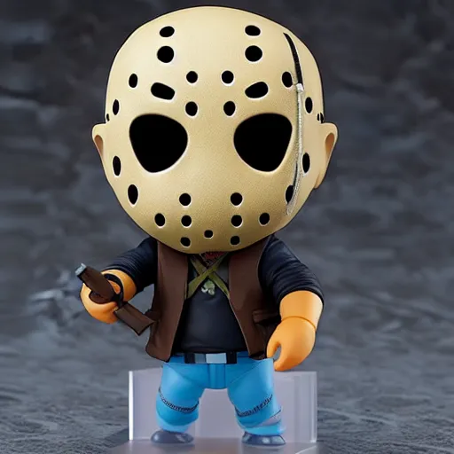 Image similar to high quality portrait flat matte painting of jason voorhees in the style of nendoroid, from friday the 1 3 th, flat anime style, thick painting, medium close - up