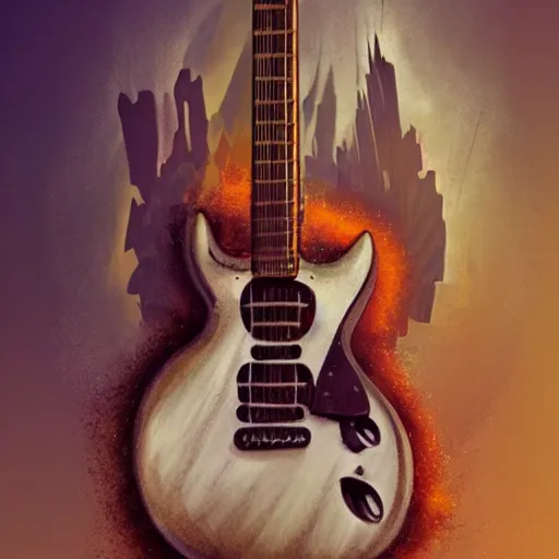 Prompt: world of guitar , guitar as a character of magical world , realistic, concept art trending on artstation, devainart,illustration, atmospheric, hyperreal, hyperdetailed, 8k,hd