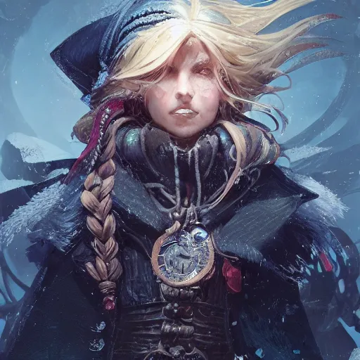 Image similar to highly detailed portrait of a pretty frostpunk necromancer lady with wavy blonde hair, by Dustin Nguyen, Akihiko Yoshida, Greg Tocchini, Greg Rutkowski, Cliff Chiang, 4k resolution