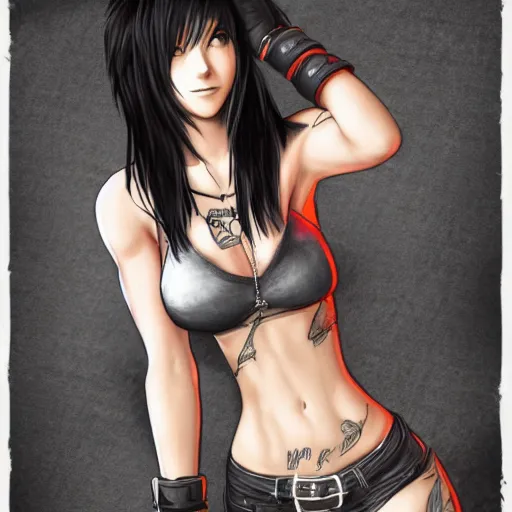 Image similar to detailed artwork of tifa lockhart with tattoos, featured on artstation