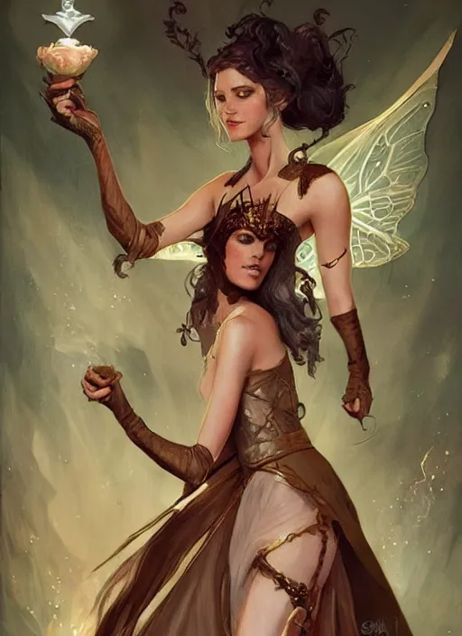 Image similar to tarot!!, fairy queen, fantasy medieval, no noise, elegant, concept art, sharp focus, beautiful face!!, digital art, smooth defined outlines!!, by Brom, trending on Artstation, Tom Bagshaw, Sargent