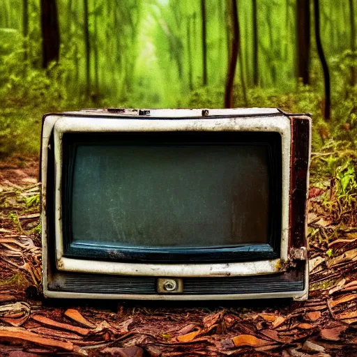 Prompt: a 1970's television abandoned in a forest, overgrown with vines, 4k, realistic