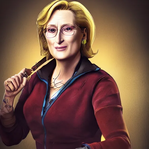 Image similar to meryl streep portrait, borderlands, tales from the borderlands, the wolf among us, comic, cinematic lighting, studio quality, 8 k