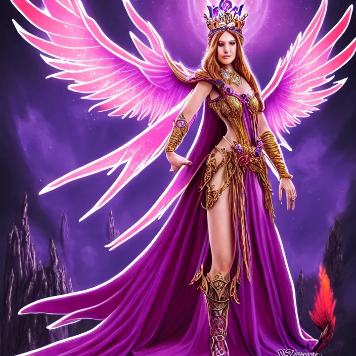 Image similar to Princess sorceress with red flaming bird wings on her back and sitting on an ornate throne dressed in a fancy long purple dress, beautiful realistic symmetrical defined face, Slight smile and open eyes, anatomically correct, Fantasy, Full Portrait, High detail, realistic, planeswalker
