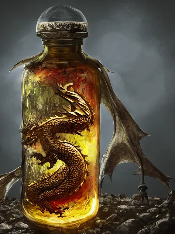 Image similar to fantasy dragon in a bottle, high detail, realism, 8 k, concept art