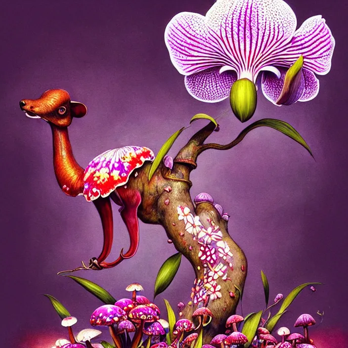 Image similar to extremely psychedelic animal made of orchid and cherry blossom tree and mushroom, LSD animal, diffuse lighting, fantasy, intricate, elegant, highly detailed, lifelike, photorealistic, digital painting, artstation, illustration, concept art, smooth, sharp focus, art by John Collier and Albert Aublet and Krenz Cushart and Artem Demura and Alphonse Mucha