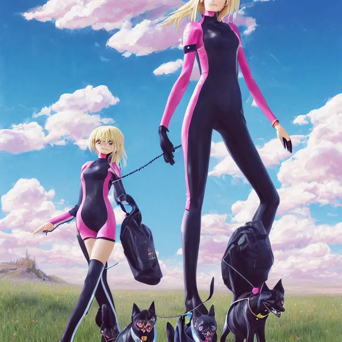 Image similar to full body portrait of a combination of Ashley Greene, Victoria Justice and Adriana Dxim, Grace Kelly and Lily Collins with blonde hair wearing a Plugsuit from Neon Genesis Evangelion and walking dogs, countryside, calm, fantasy character portrait, dynamic pose, above view, sunny day, thunder clouds in the sky, artwork by Jeremy Lipkin and Giuseppe Dangelico Pino and Michael Garmash and Rob Rey and Greg Manchess and Huang Guangjian, very coherent asymmetrical artwork, sharp edges, perfect face, simple form, 100mm