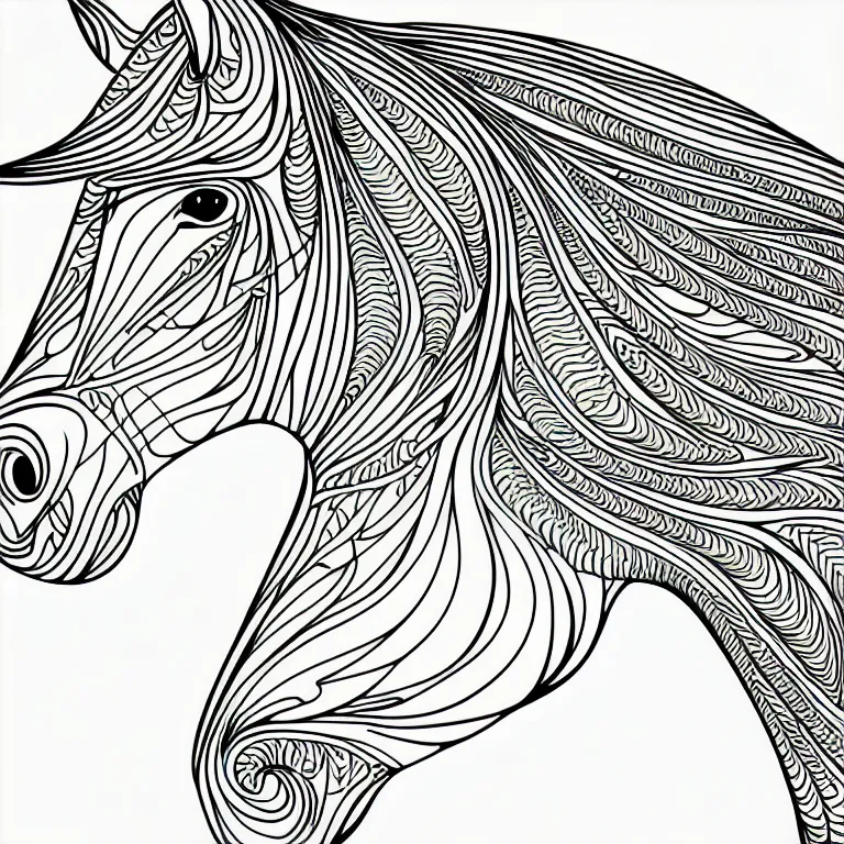 Prompt: beautiful horse, ornamental, fractal, line art, vector, outline, simplified, colouring page