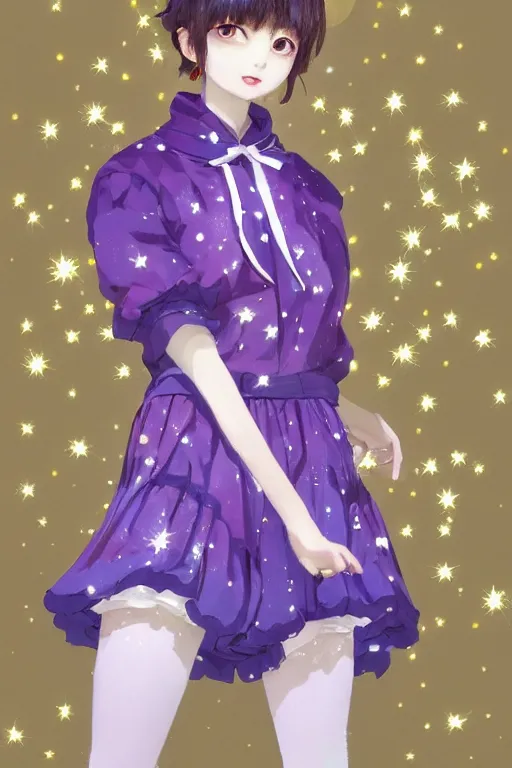 Prompt: Full View portrait of Eunha from Viviz and gFriend with short hair wearin purple overall shorts, short puffy pants, white tights covered in stars, Golden Ribbon, and a billowy scarf making a cute pose. masterpiece 4k digital illustration by Ruan Jia and Mandy Jurgens and Artgerm and greg rutkowski and Alexander Tsaruk and WLOP, award winning, Artstation, art nouveau aesthetic, Alphonse Mucha background, intricate details, realistic, panoramic view, Hyperdetailed, 8k resolution, intricate art nouveau