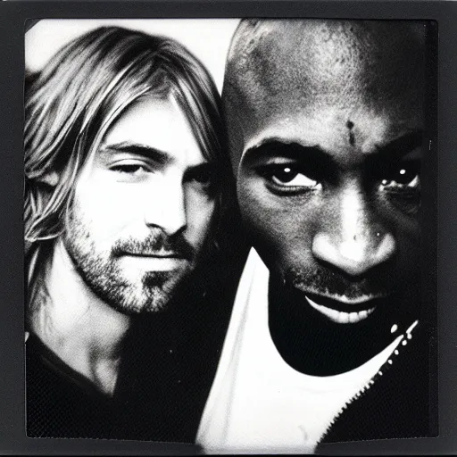 Image similar to Polaroid photograph of Kurt Cobain and Tupac Shakur, 90s, XF IQ4, 150MP, 50mm, F1.4, ISO 200, 1/160s, natural light, Adobe Lightroom, photolab, Affinity Photo, PhotoDirector 365,