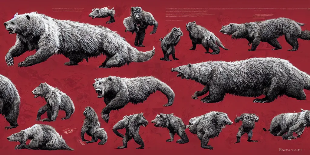 Image similar to Crimson red draconian grizzly bear character design sheet, scaly, demonic, reptilian, white stripes all over its body, Moebius, Greg Rutkowski, Zabrocki, Karlkka, Jayison Devadas, Phuoc Quan, trending on Artstation, 8K, ultra wide angle, zenith view, pincushion lens effect.