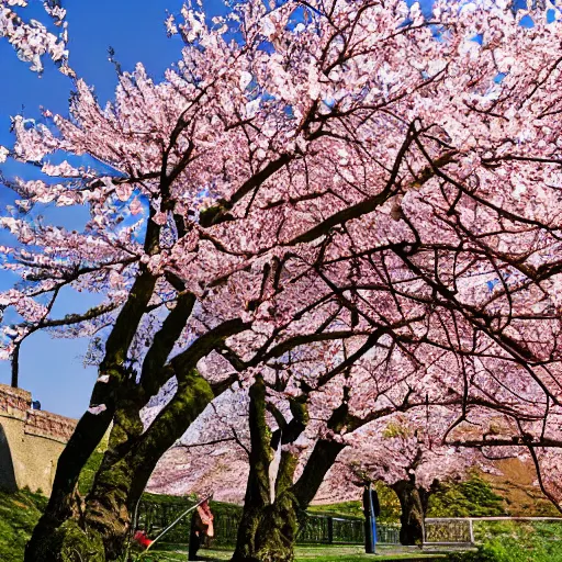 Image similar to japanese cherry blooming underneath the tesanj fortress