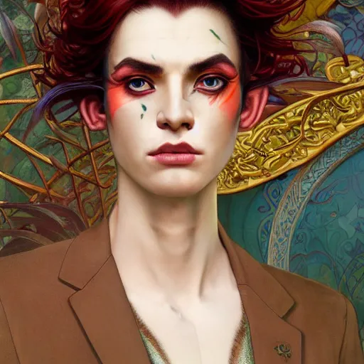 Image similar to a beautiful and androgynous half - elf with medium skin tone and messy short red hair and copper eyes with slit pupils, dressed in a colorful jodhpuri suit, dnd character, golden aura, realistic portrait by ross tran and gerald brom and kehinde wiley and fernando amorsolo and alphonse mucha, trending on artstation