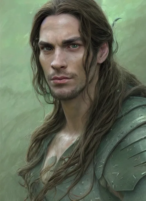 Image similar to a warrior in his twenties with long light brown hair tied back, light green eyes, a large forehead, a widows peak and a round face with high cheekbones and full lips as a realistic d & d fantasy character, portrait art by donato giancola and greg rutkowski, vintage retro, realistic face, digital art, trending on artstation