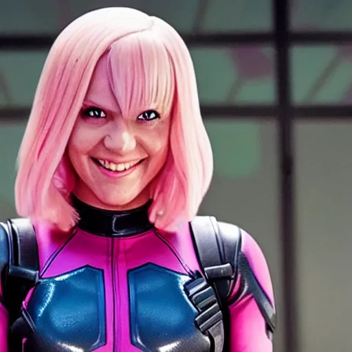 Image similar to A still of Gwenpool in Deadpool 3 (2023), blonde hair with pink highlights, no mask, white and light-pink outfit, smiling and winking at the camera, comics accurate design