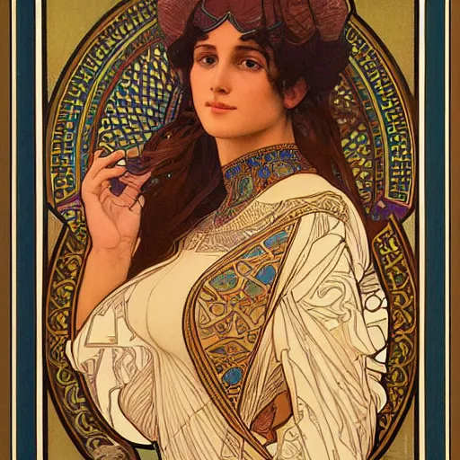 Prompt: a beautiful portrait of a woman inspired by the ishtar gate in ancient babylon. highly detailed face. art by alphonse mucha and alphonse mucha and alphonse mucha