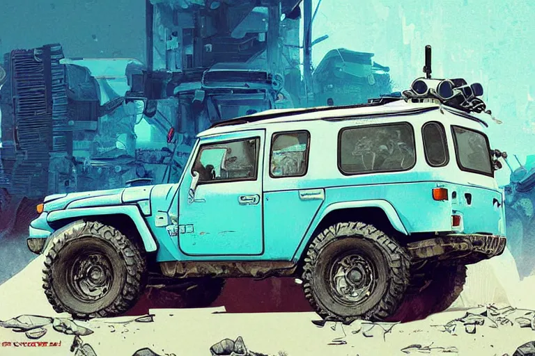 Image similar to digital illustration of a futuristic faded cyan mad max's fj 4 0 decrepit!!!! pursuit special, rusty!!! cyberpunk nissan fj cruiser heavily modded 1 9 9 0 s, the last v 8 interceptor by makoto shinkai, ilya kuvshinov, lois van baarle, rossdraws, basquiat