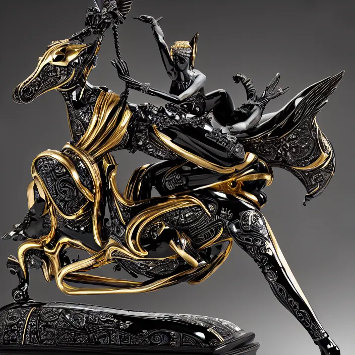 Image similar to fine art statue of masculine black egyptian god on a surrealist motorcycle, ebony art deco, carved black marble, inlaid with ebony and gold accents, ebony rococo, wings black lace wear, by spider zero, zaha hadid, beautifully lit, hyper detailed, intricate, elite, ornate, photorealistic, micro details, ray trace