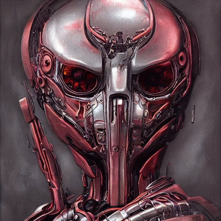 Image similar to in the art style of h. r. giger a portrait of a ruby ultron from age of ultron, clockwork steampunk, head and chest only, by beksinski, 4 k, deviantart, trending on artstation
