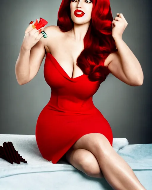Image similar to Jessica Rabbit wearing red dress eating a bag of Doritos, sitting on a chair, photograph