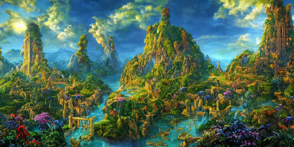 Prompt: fantasy oil painting, regale, fortress mega structure city, atlantis, colossus of rhodes gateway, hybrid, looming, warm lighting, overlooking, epic, lush plants flowers, rainforest mountains, bright clouds, luminous sky, outer worlds, cinematic lighting, michael cheval, michael whelan, oil painting, natural tpose