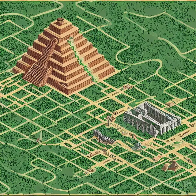 Image similar to a digital painting isometric game map of Tikal, Lost World Pyramid, Tikal Temple IV, Maya Temples