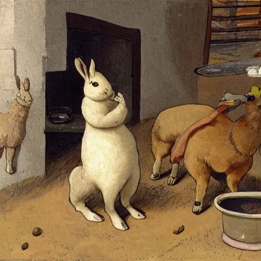 Prompt: a rabbit is cooking dinner for an alpaca in the style of emile bernard