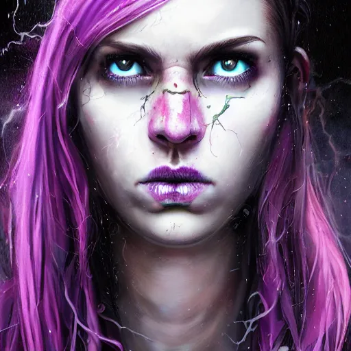 Image similar to detailed photo portrait of a furious teen girl with thin, hair-like purple tentacles on her head and bright purple eyes, 8k,by tristan eaton, Stanley Artgermm,Tom Bagshaw,Greg Rutkowski,Carne Griffiths,trending on DeviantArt, face enhance,hyper detailed ,full of colour, dramatic lightning